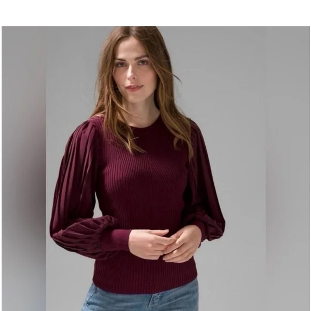 Burgundy Ribbed Sweater with Balloon Sleeves